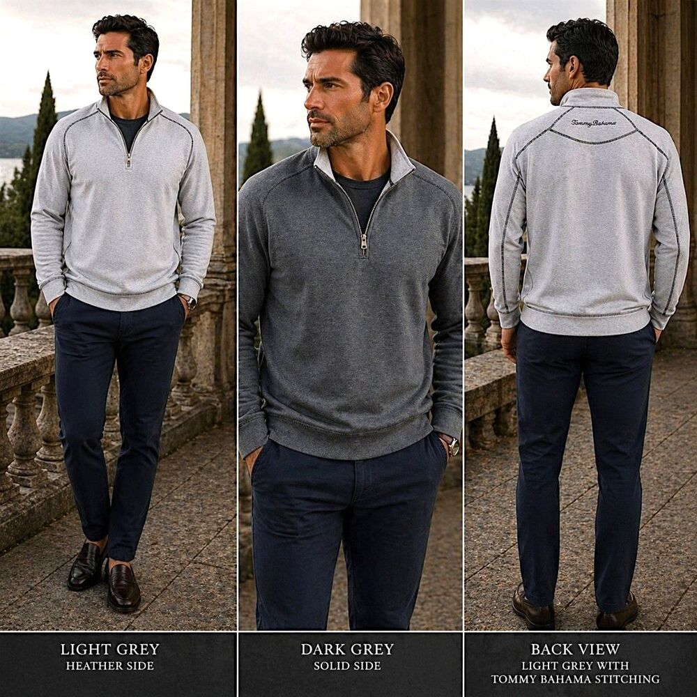 Tommy Bahama Sz L Reversible 1/4 Zip Pullover Sweatshirt Gray Resortwear Sweater